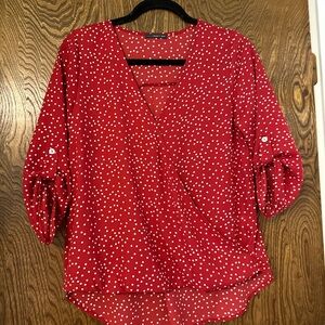 West Kei Red Wrap Blouse with 3/4 Sleeves